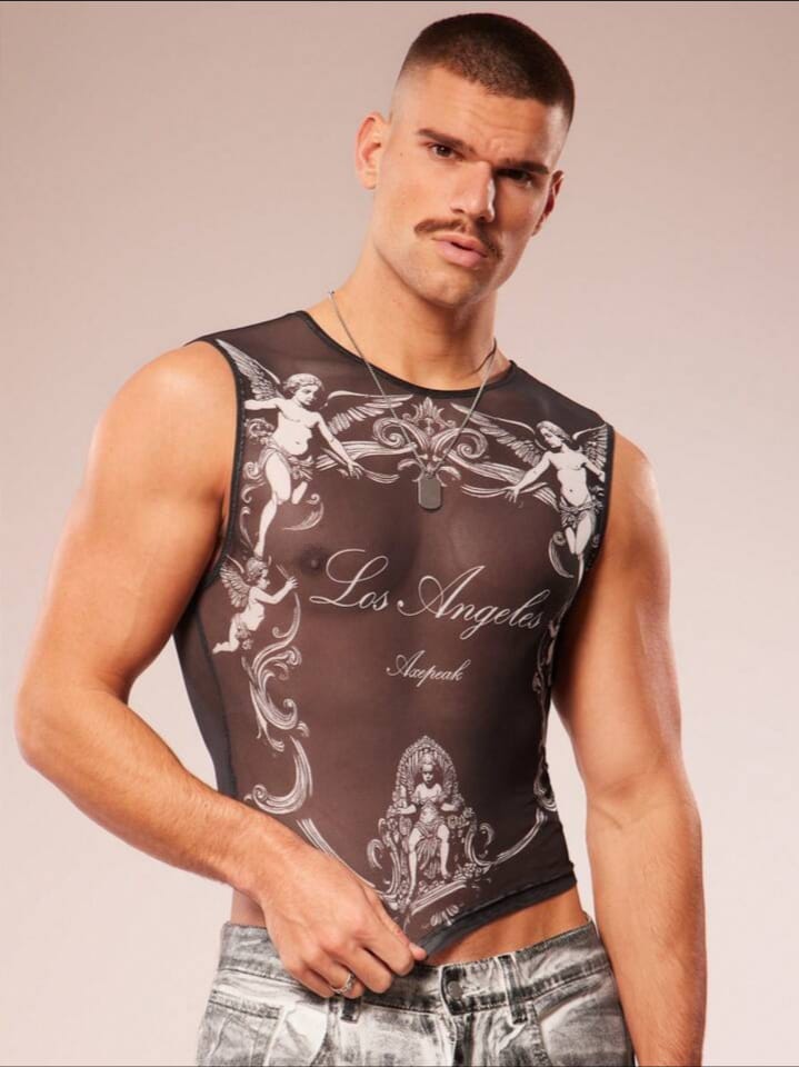 Fevercity Men's Angle Print Casual Fashion Tank Top Men Rave Top Men Mesh Crop Top Men Top Men's Graphic cropped Top Los Angeles Mesh Top